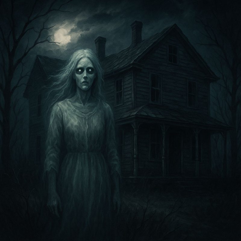 A spooky picture of a ghost lady.