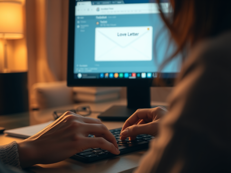 A photo of a computer screen with a love letter email.