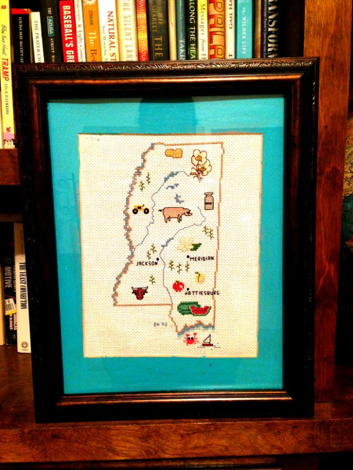 A cross-stitched picture of the state of Mississippi.