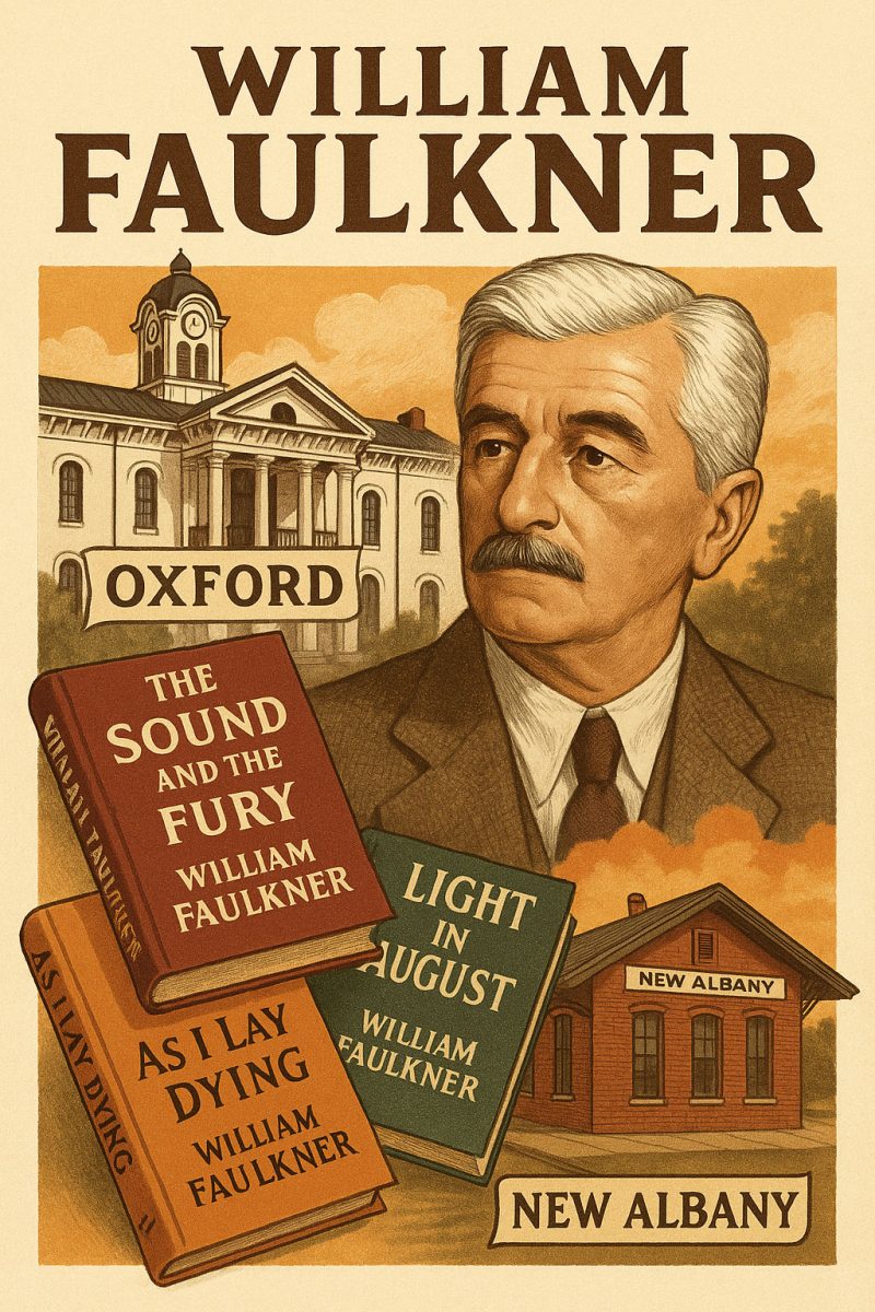 A poster featuring William Faulkner and some of his most popular books.