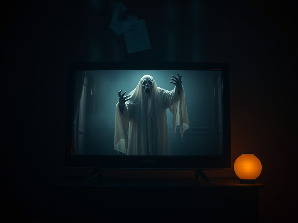 A TV screen with a creepy image on it.