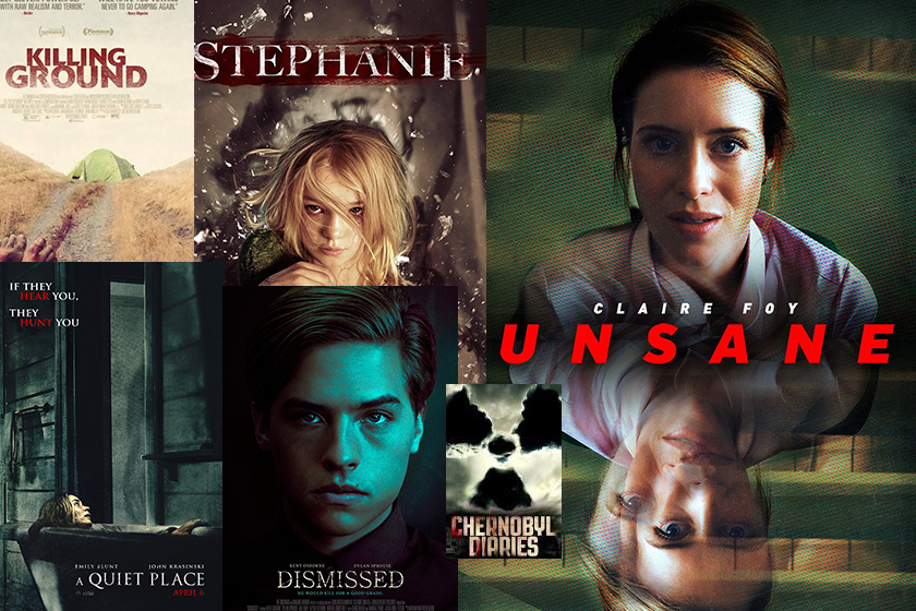 A graphic featuring thriller and horror movie posters.