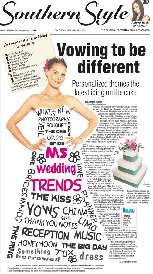 A woman wears a wedding dress made of words that is similar to the design of the poster for the movie "27 Dresses."