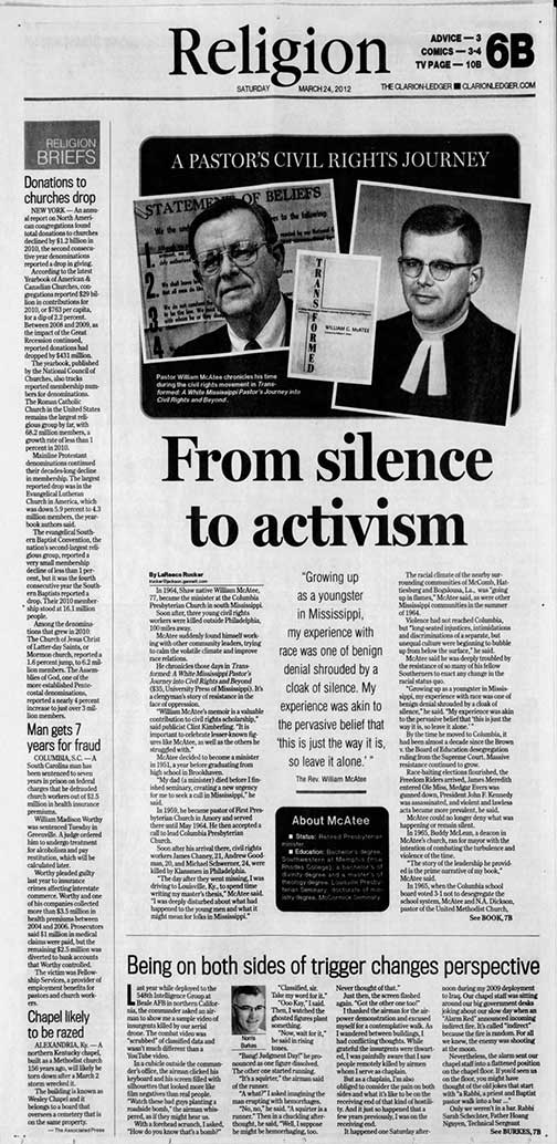 A story about pastors who were involved in the civil rights movement that reads "From silence to activism."