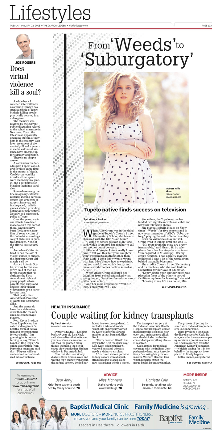 A story about television actress Allie Grant of "Weeds" and "Suburgatory." Allie's photo is featured in the article.