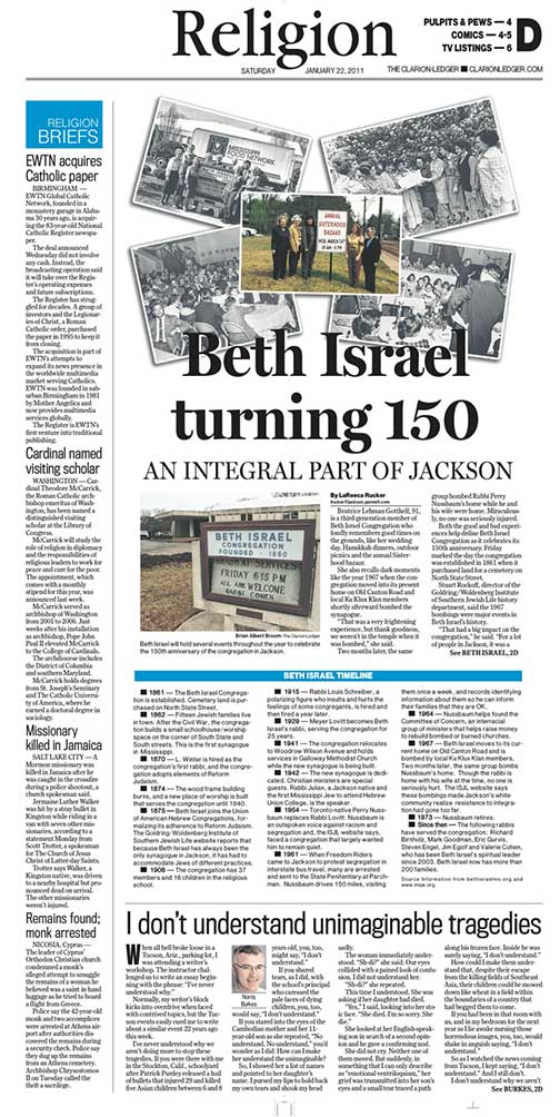A newspaper article featuring pictures of Beth Israel's history.