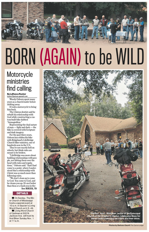 A news article about motorcycle ministries featuring a biker group at a church.