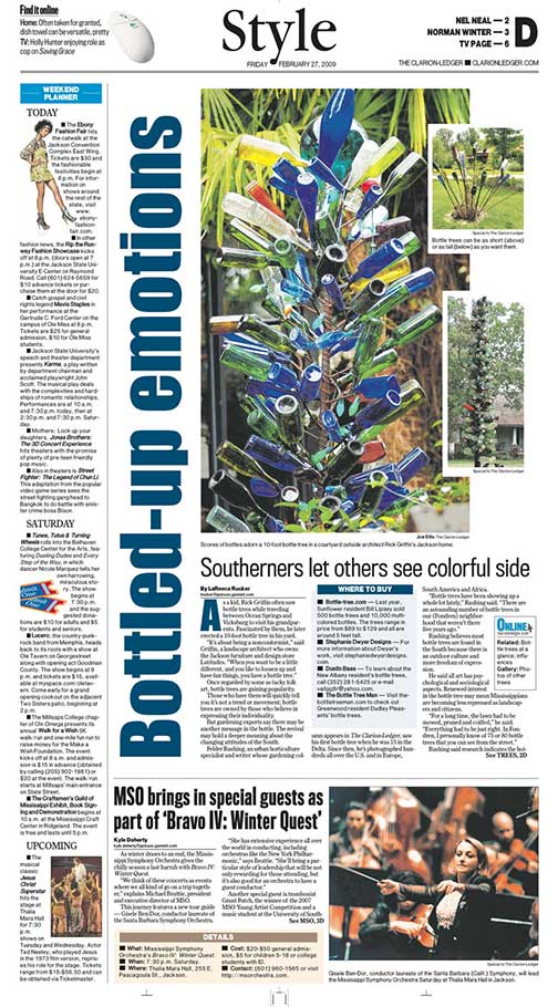 A news article about the popularity of bottle trees featuring a multicolored bottle tree.