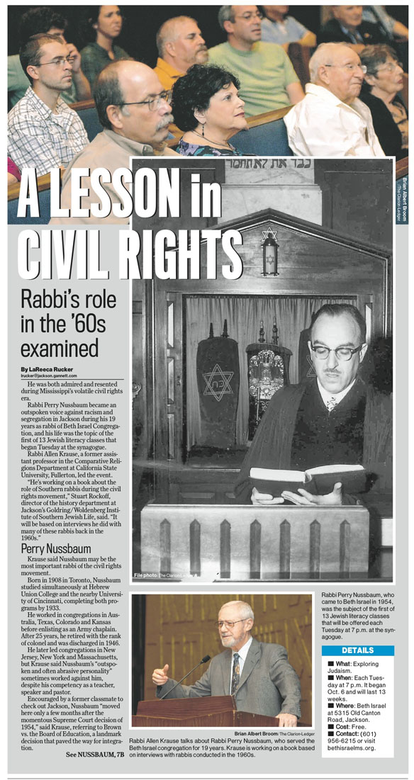 A story about a rabbi's role in the 1960s in Mississippi. It features a picture of the rabbi and the current congregation.