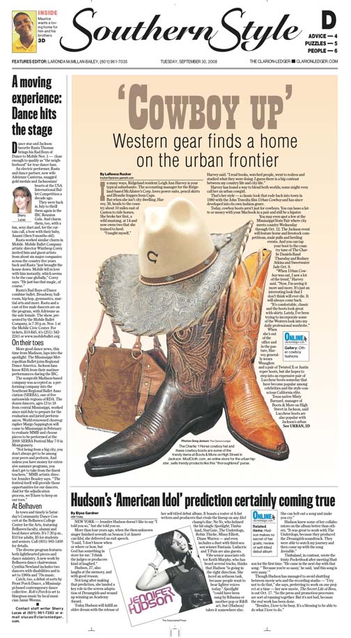 A story about cowboy fashion featuring boots and hats on the cover.