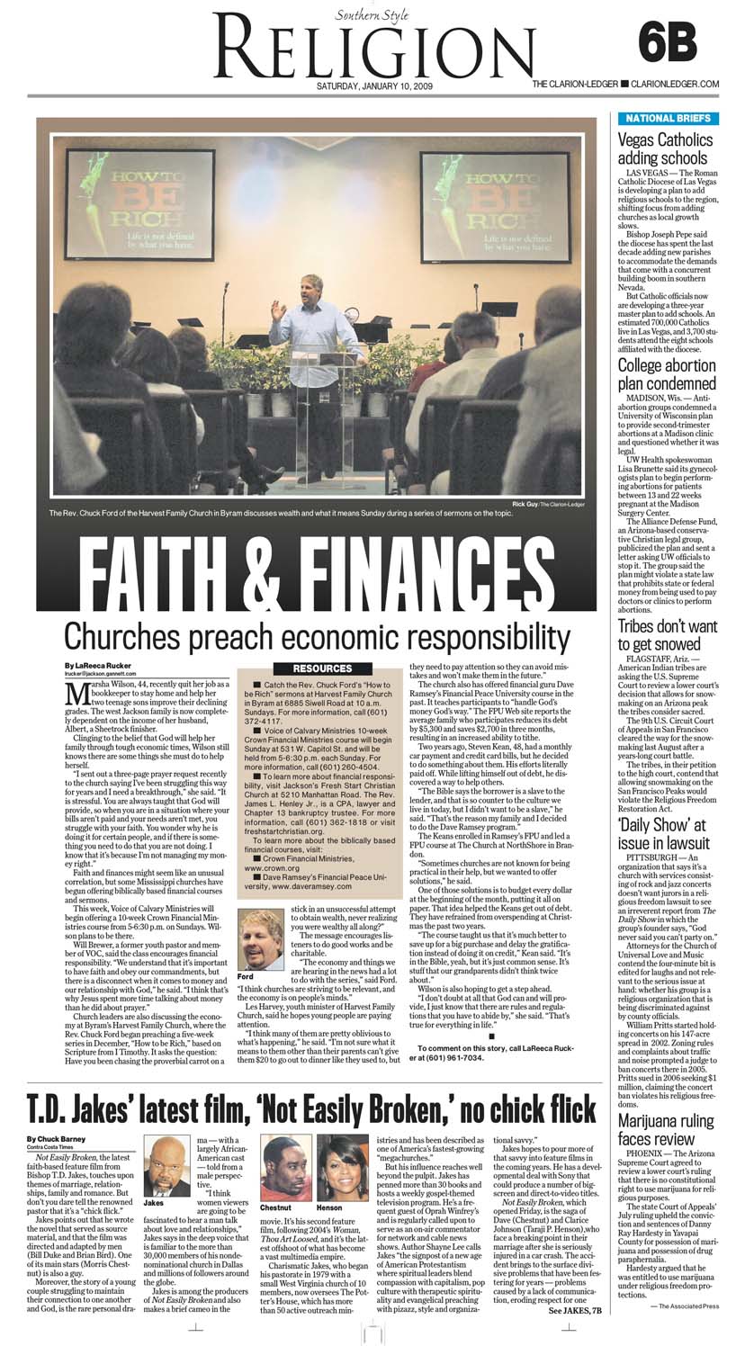 An article about faith and finances featuring a speaker in a church.