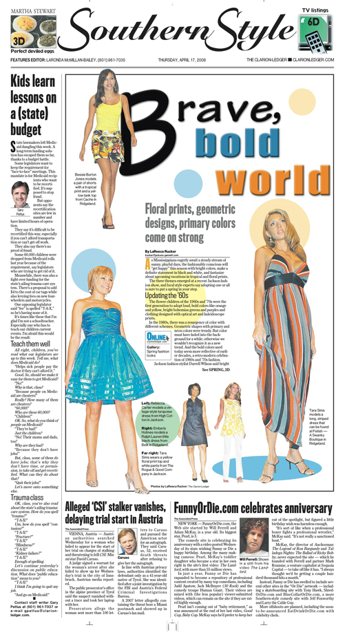 A feature article about fashion with models wearing clothes from area stores.