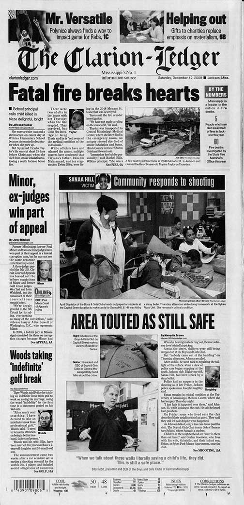 A news article featuring a story about a house fire that killed a local elementary student.