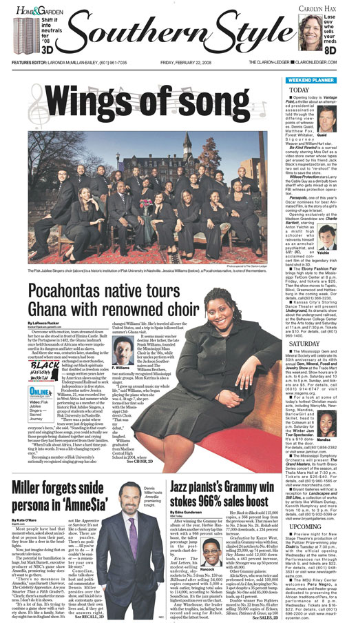 A newspaper page design that features the Fisk Jubilee Singers.