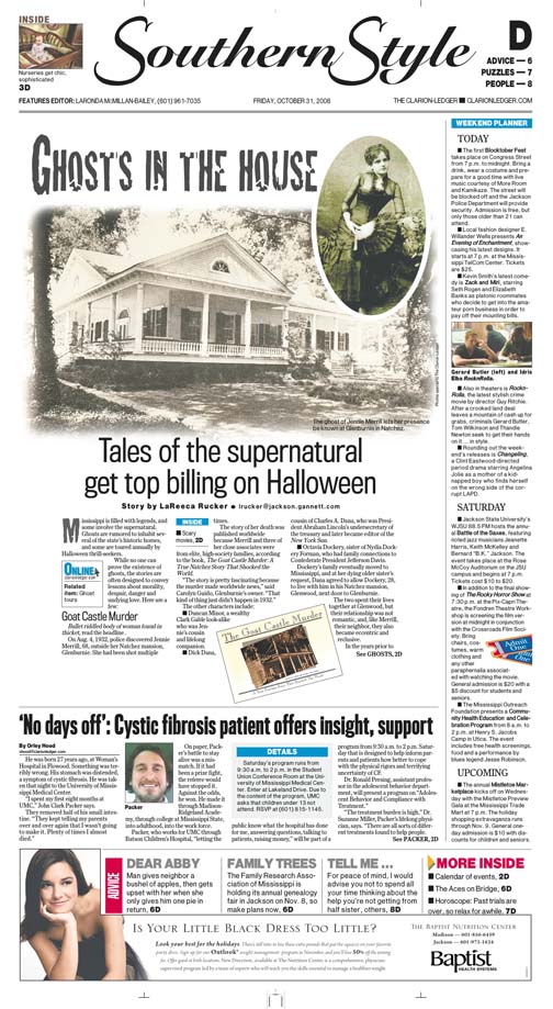A news article about Mississippi ghost stories featuring an alleged haunted house.