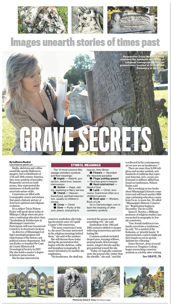 A news article about religious iconography on graves featuring a historian in front of a grave.