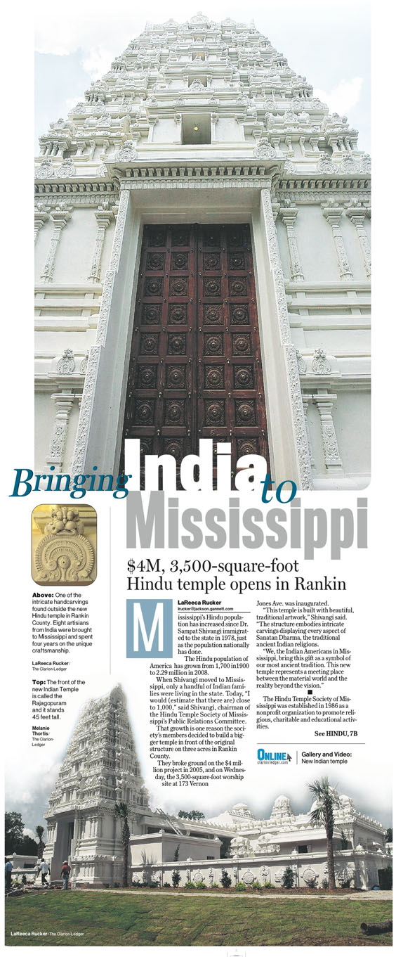 An article about the Hindu Temple in Mississippi, featuring images of the temple.