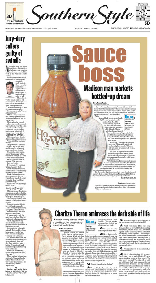 A newspaper story about a man who is selling his own sauce.