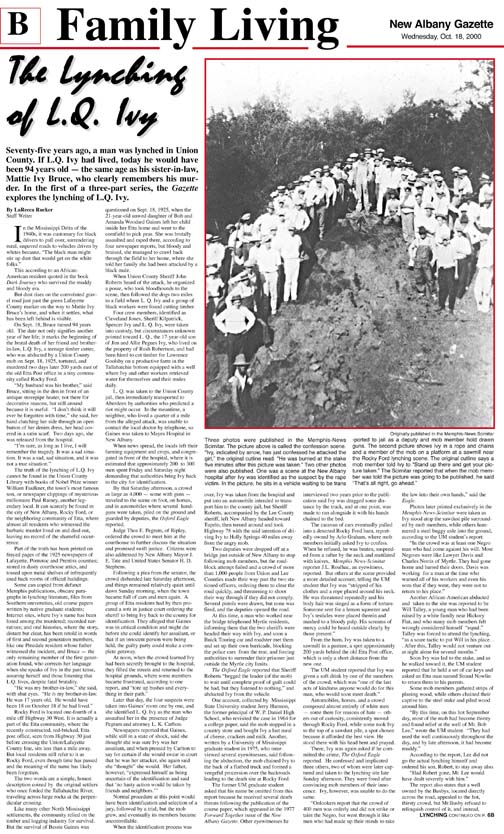 This is a story about a lynching that happened in Mississippi. It features a historic photo of the lynching.
