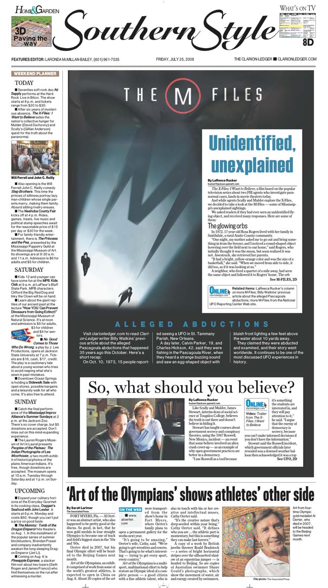 A story about unidentified and unexplained sightings in Mississippi when the X Files movie came out.