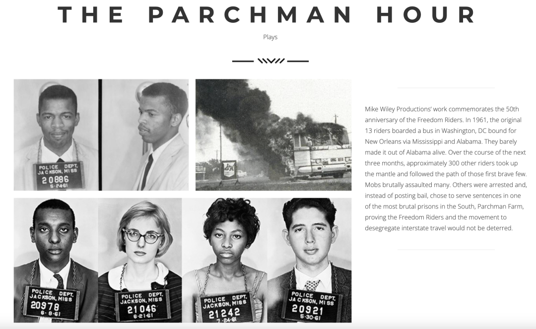 A screenshot of Mike Wiley's website about his play The Parchman Hour.