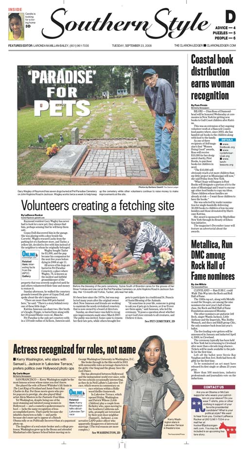 A story about a pet cemetery in Mississippi. The page design features a man standing over a pet grave.
