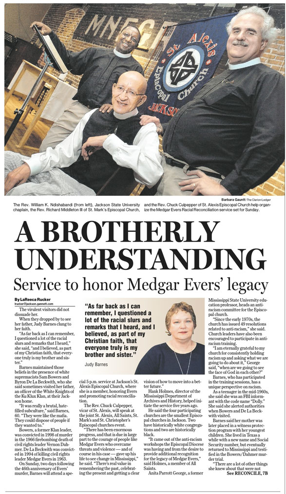 A newspaper article about racial reconciliation featuring three church leaders.