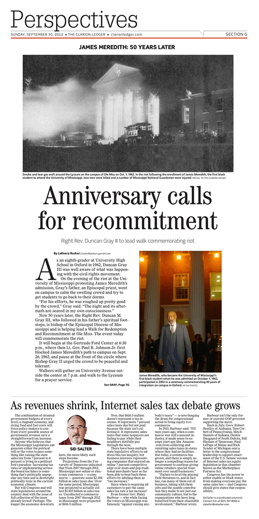 A newspaper page about the anniversary of the riots at Ole Miss with the headline "Anniversary calls for recommitment."