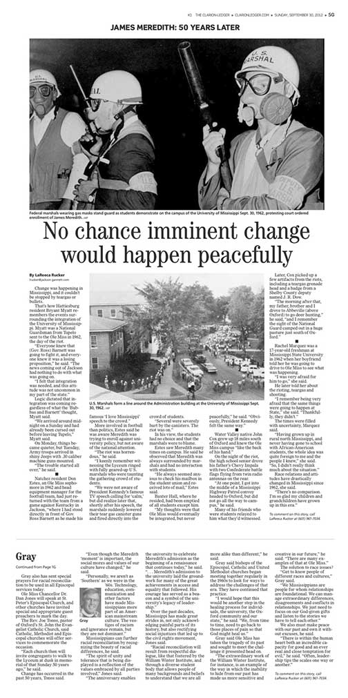A newspaper page about the anniversary of the riots at Ole Miss with the headline "No chance imminent change would happen peacefully."