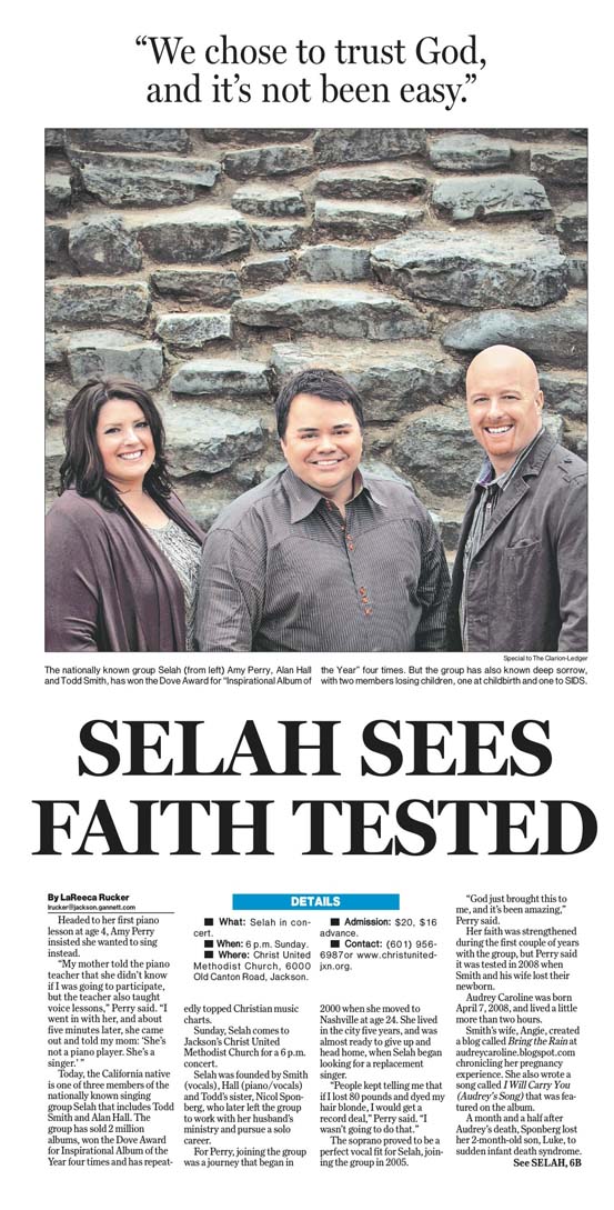 A newspaper page featuring the Christian music group Selah.