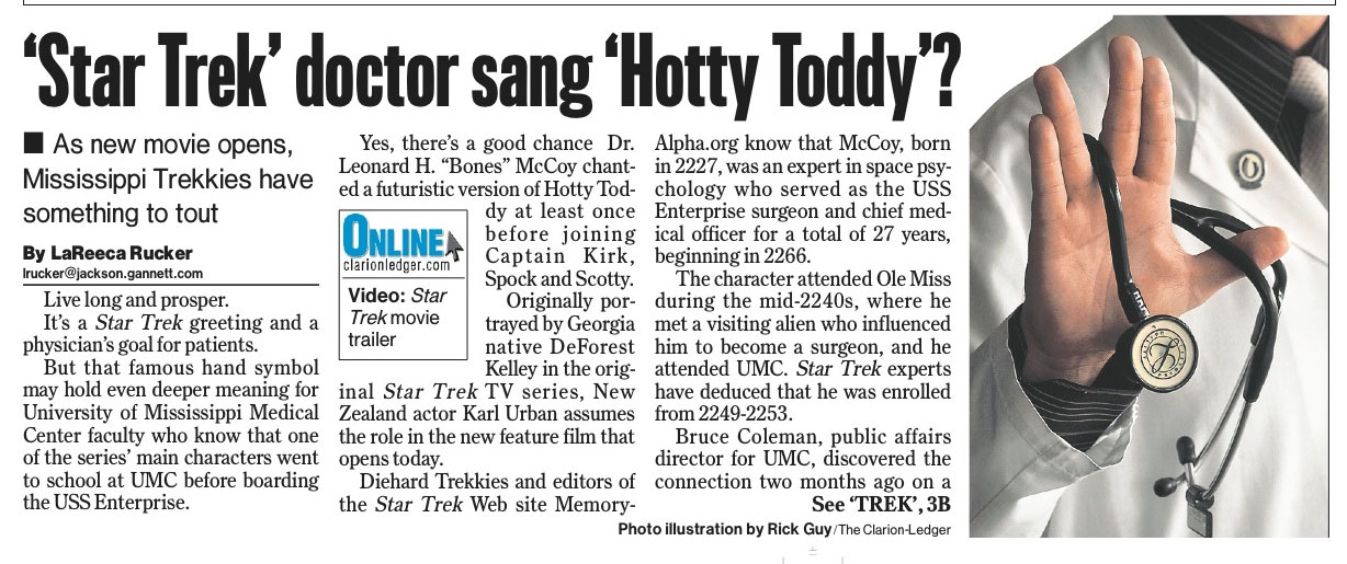 A newspaper page about a Star Trek doctor who graduated from the University of Mississippi Medical Center.
