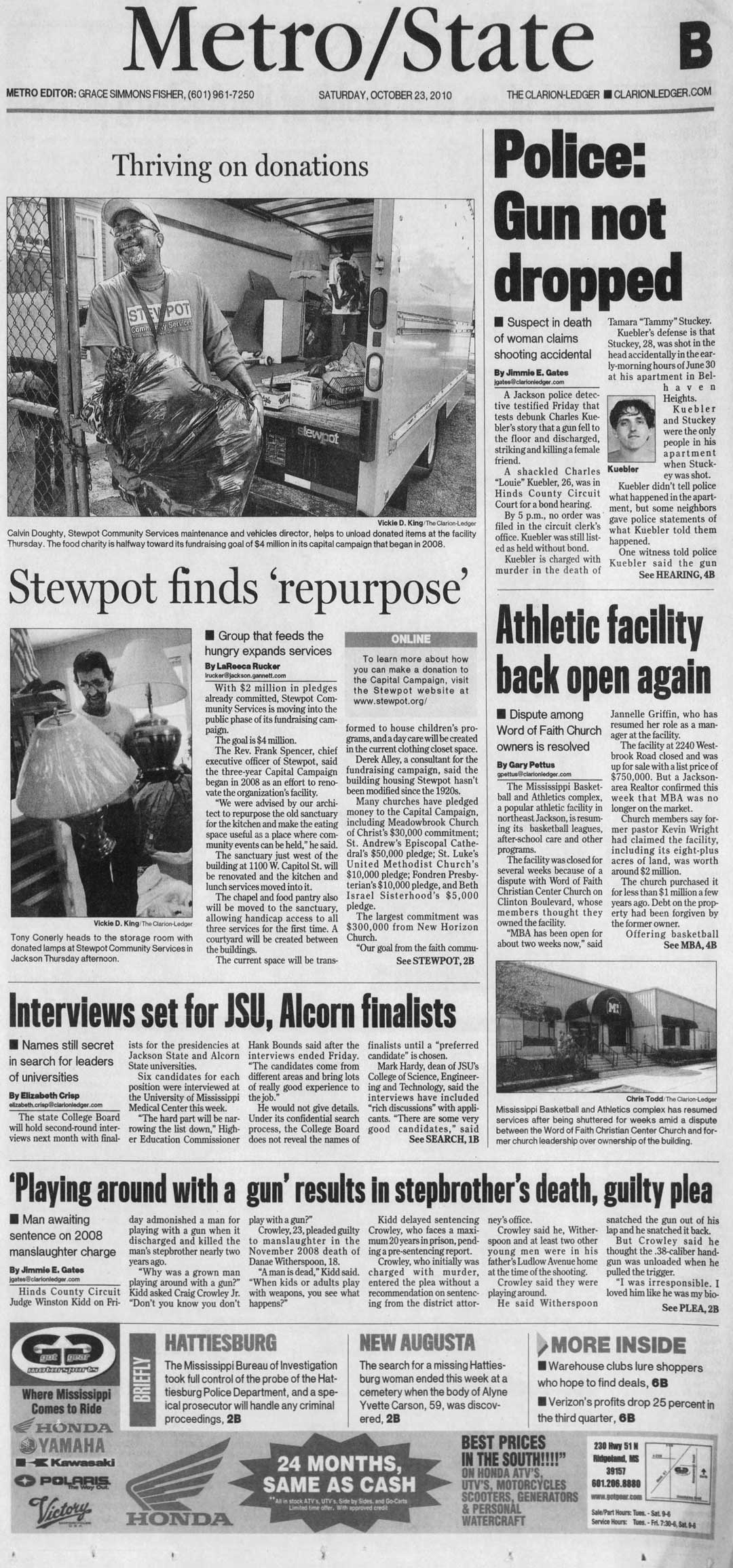 A newspaper page about Stewpot, a Mississippi charity that feeds the hungry.