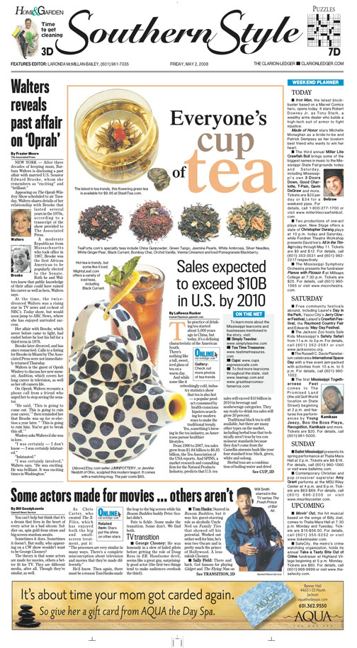 A picture of a newspaper page featuring tea and a tea pot for a story about tea.