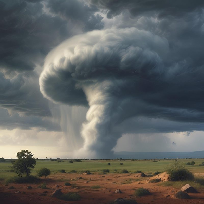 An illustration of a tornado on farmland.