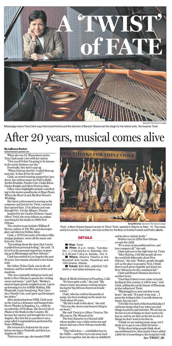 A newspaper page featuring songwriter Tena Clark and her musical "Twist" that reads "A Twist of Fate."