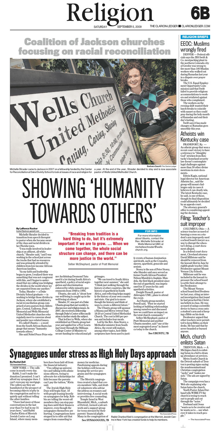 A newspaper page with a story titled "Showing Humanity Towards Others."