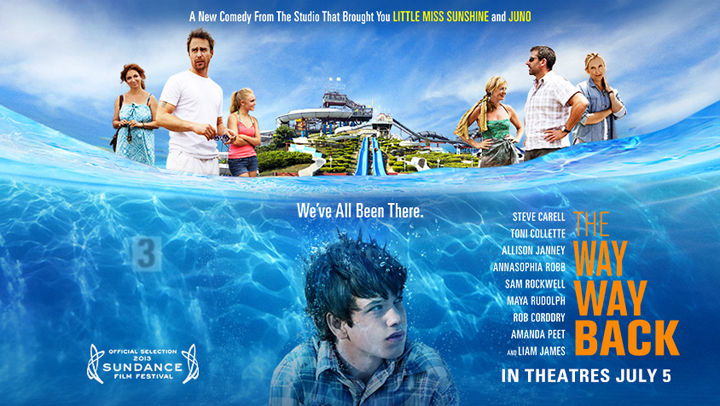 A picture of the movie poster for "A Way, Way Back" featuring a boy underwater and his family above him.