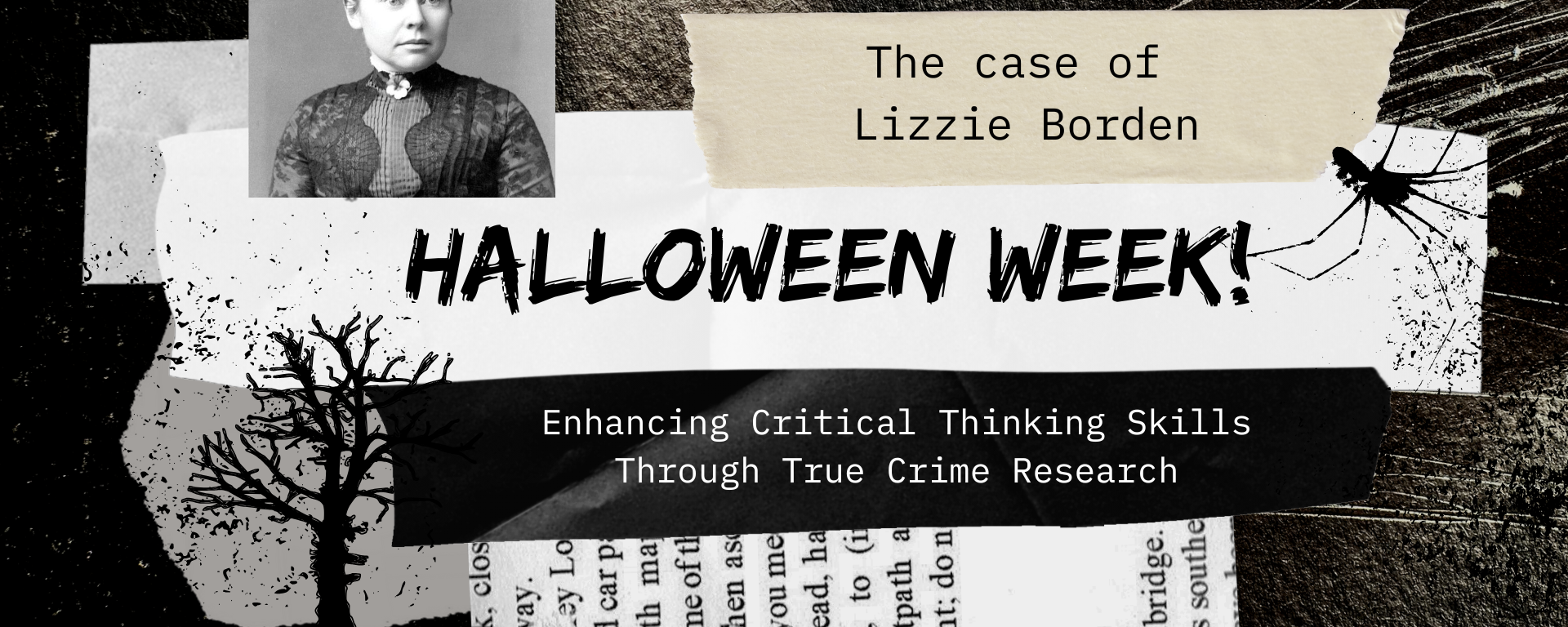 A graphic illustrating a media exploration of the Lizzie Borden case.