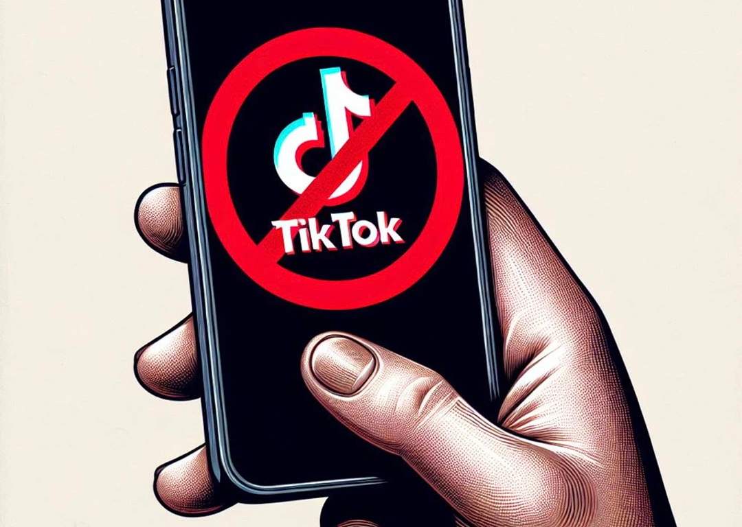 A graphic of a hand holding a phone with the TikTok logo on it.