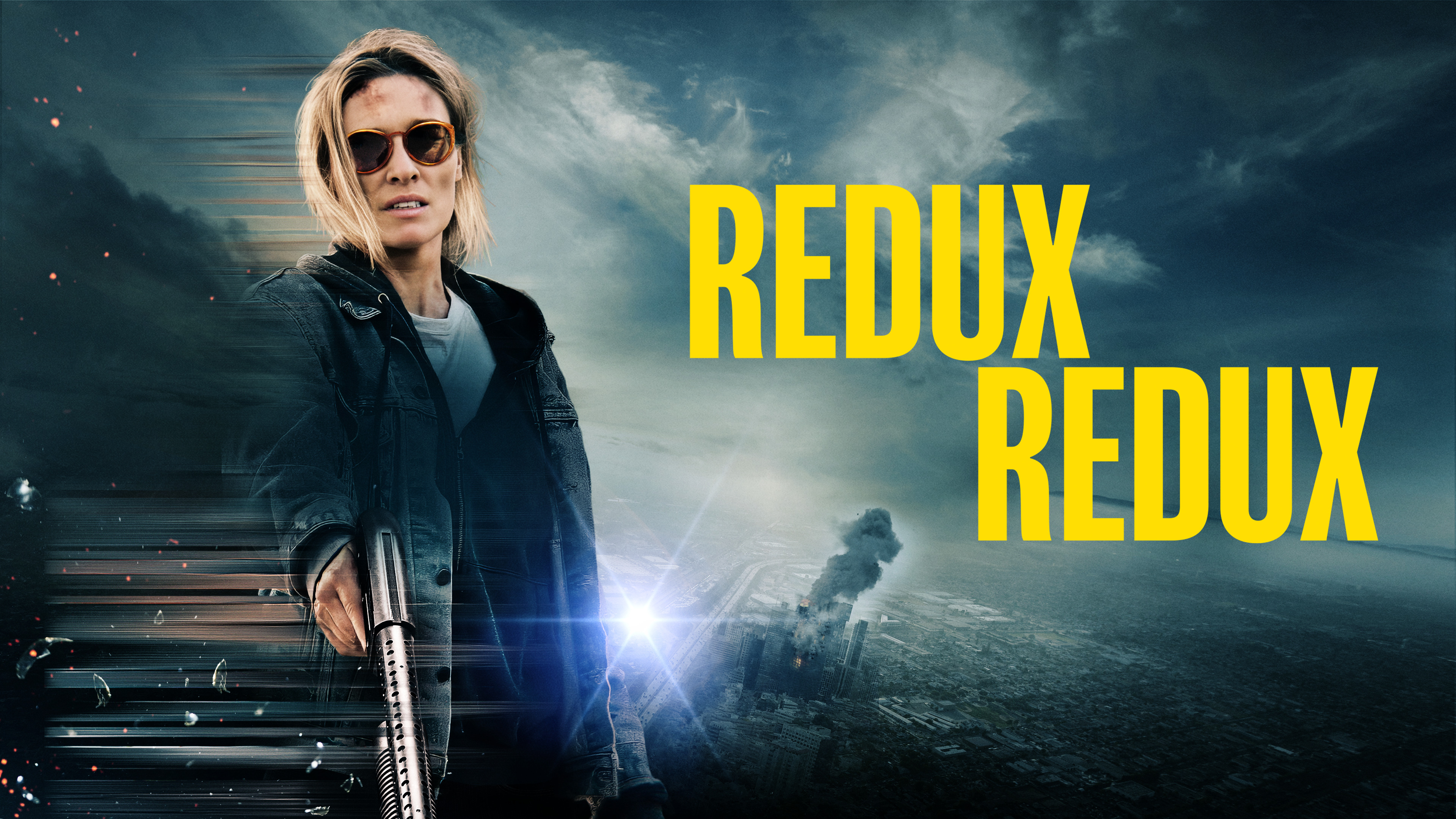 The movie poster for the film Redux Redux featuring a woman with a gun.